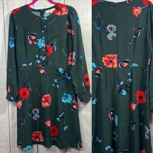 Loft Green Floral Cottagecore Dress Long Sleeve A Line Romantic Feminine